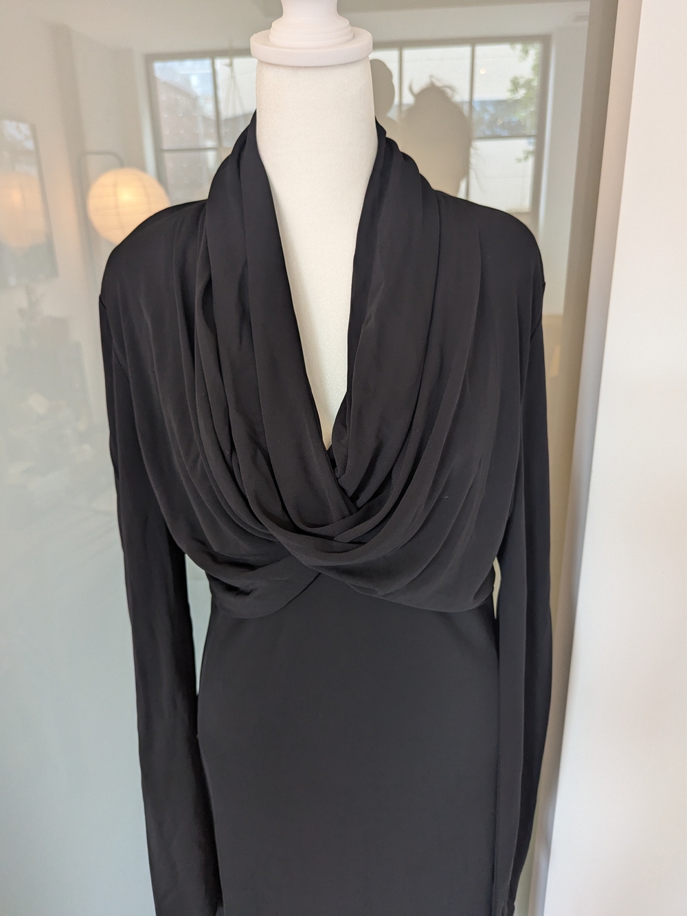 Sandra Angelozzi Elegant Black Draped Cowl Neck Women's Dress